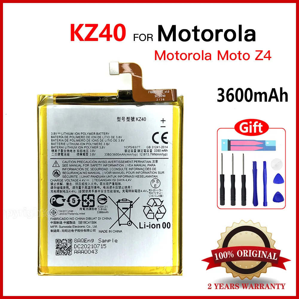 Genuine KZ40 KZ 40 Replacement Battery For Motorola Moto Z4 XT1980-3 Mobile Phone Batteries 3600mAh Batteria+Free Tools