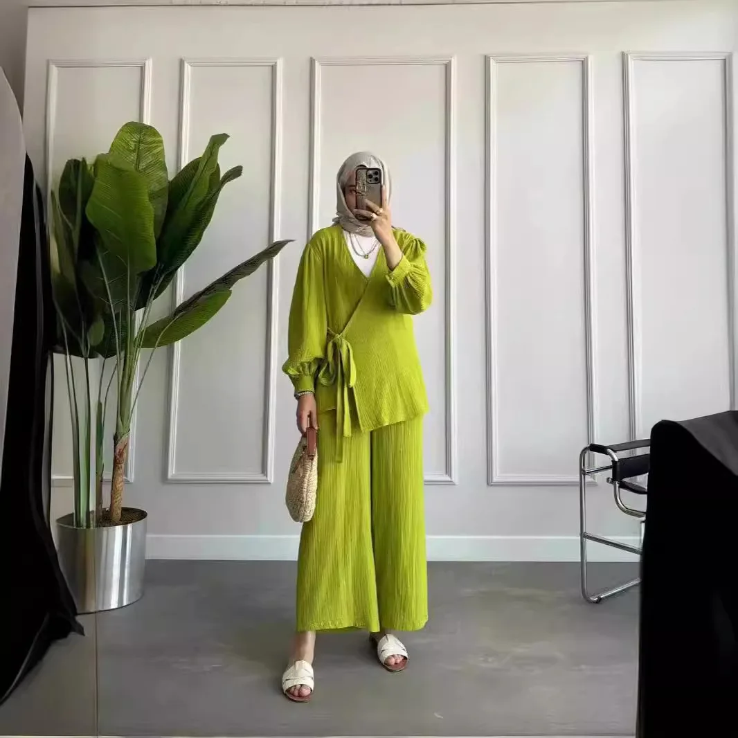 

Женский комплект из 2 предметов, блузка, топ, широкие брюки, ансамбль, брюки на шнуровке, наряды, Рамадан, Марокко, Дубай, 2025, мусульманский арабский костюм