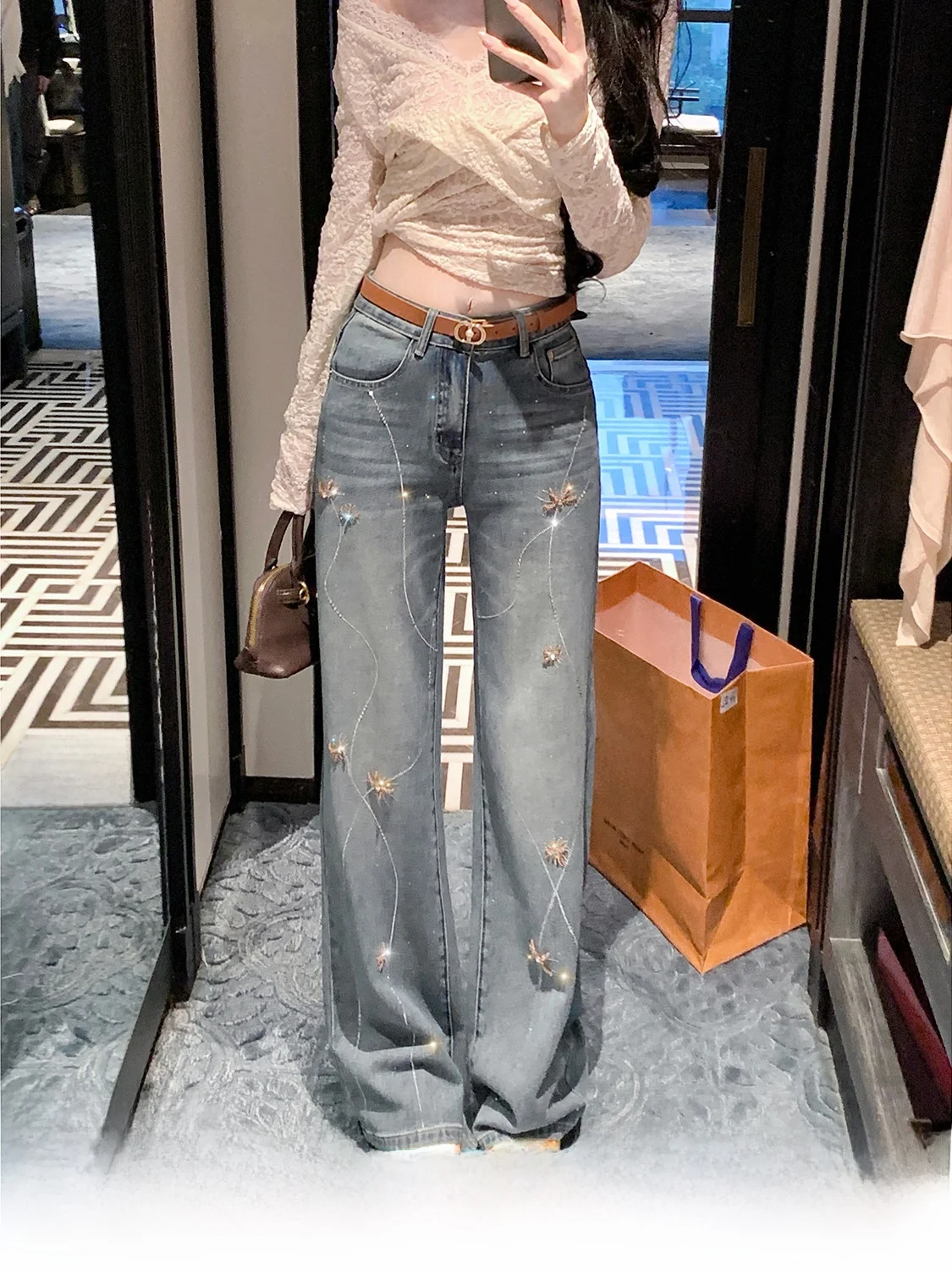 Syqiao Glowing Firework Pants Women's Loose Wide Leg Denim Jeans Heavy Embellishment Drill Autumn Winter New Style Casual Fas...
