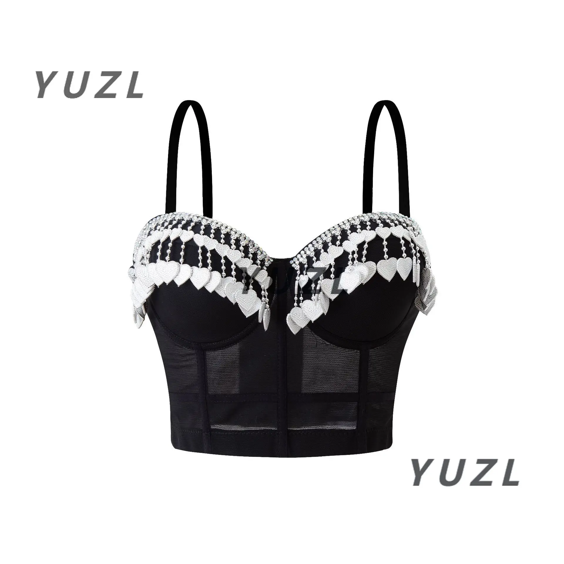 

2025 new European and American fishbone sexy mesh silver love pendant glitter low tube top backless tunic women