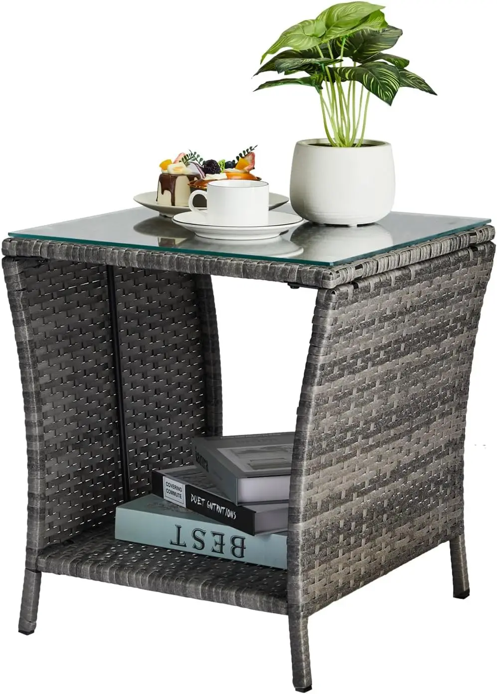 

Outdoor Wicker Side Table Patio Side Tables for Outside, Tempered Glass Top Wicker Table with Storage End Table