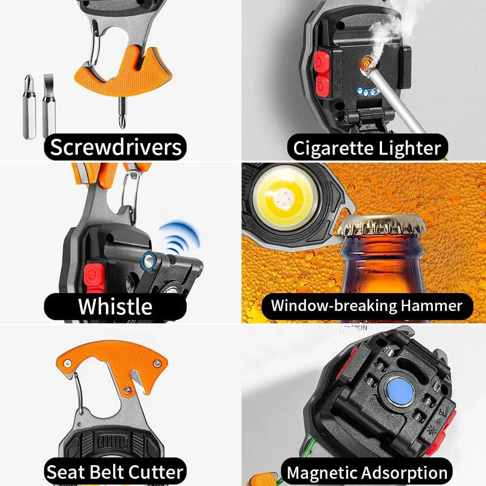 Mini COB Portable Keychain Flashlight 7 Lighting Modes Emergency Lamp with Screwdriver Window Breaking Hammer Seat Belt Cutter