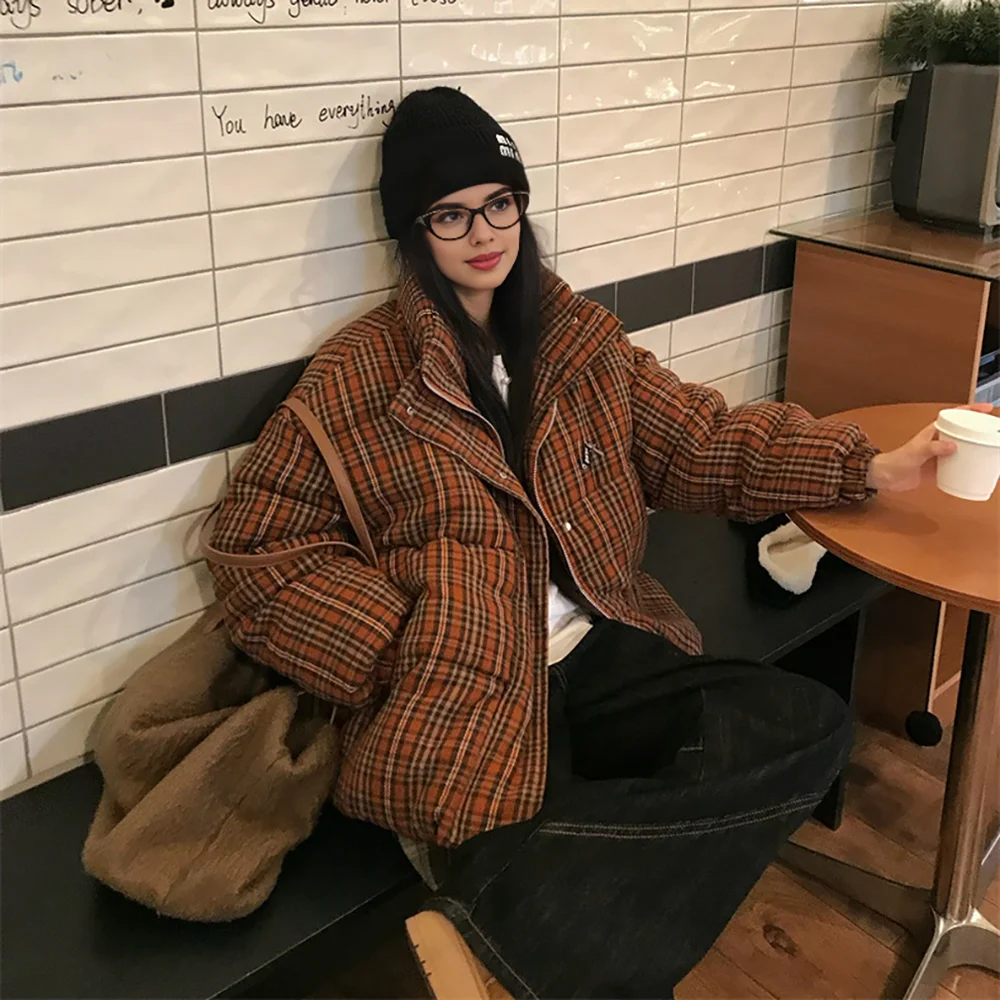 Women Winter Vintage Plaid Cotton Coats Korean Streetwear Fashion Thick Warm Bread Jackets Mori Kei Clothes