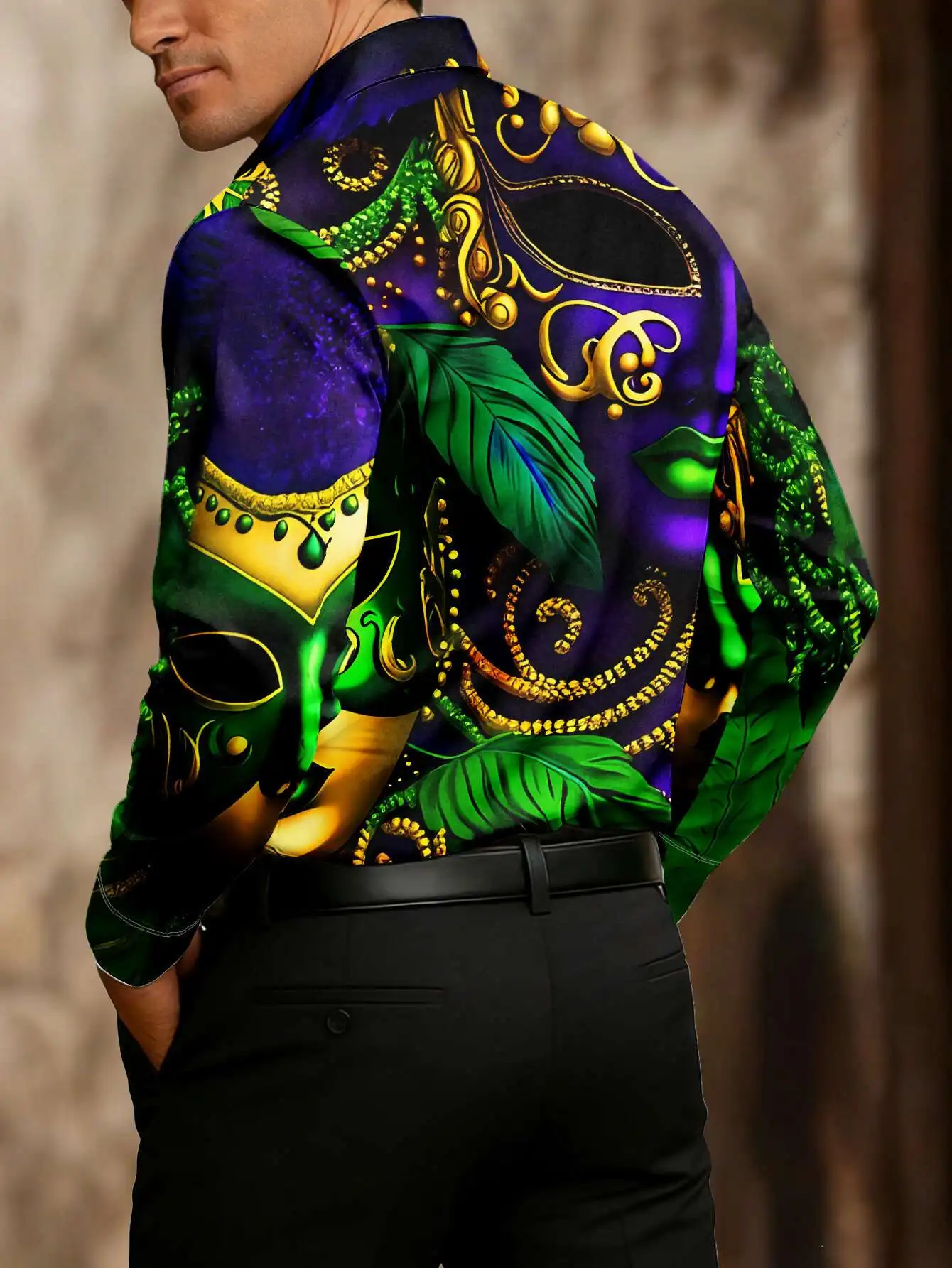 Men Long Sleeve Button Down Shirt Purple Green Mardi Gras Feather Mask Print Polyester Lapel Collar Party