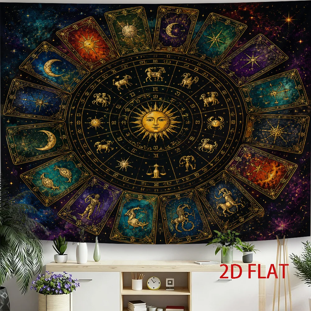 Zodiac Tarot Tapestry, 12 Constellation Wheel Sun Moon Tarot Cards Galaxy Astrology Mystic Wall Hanging for Bedroom Dorm Home