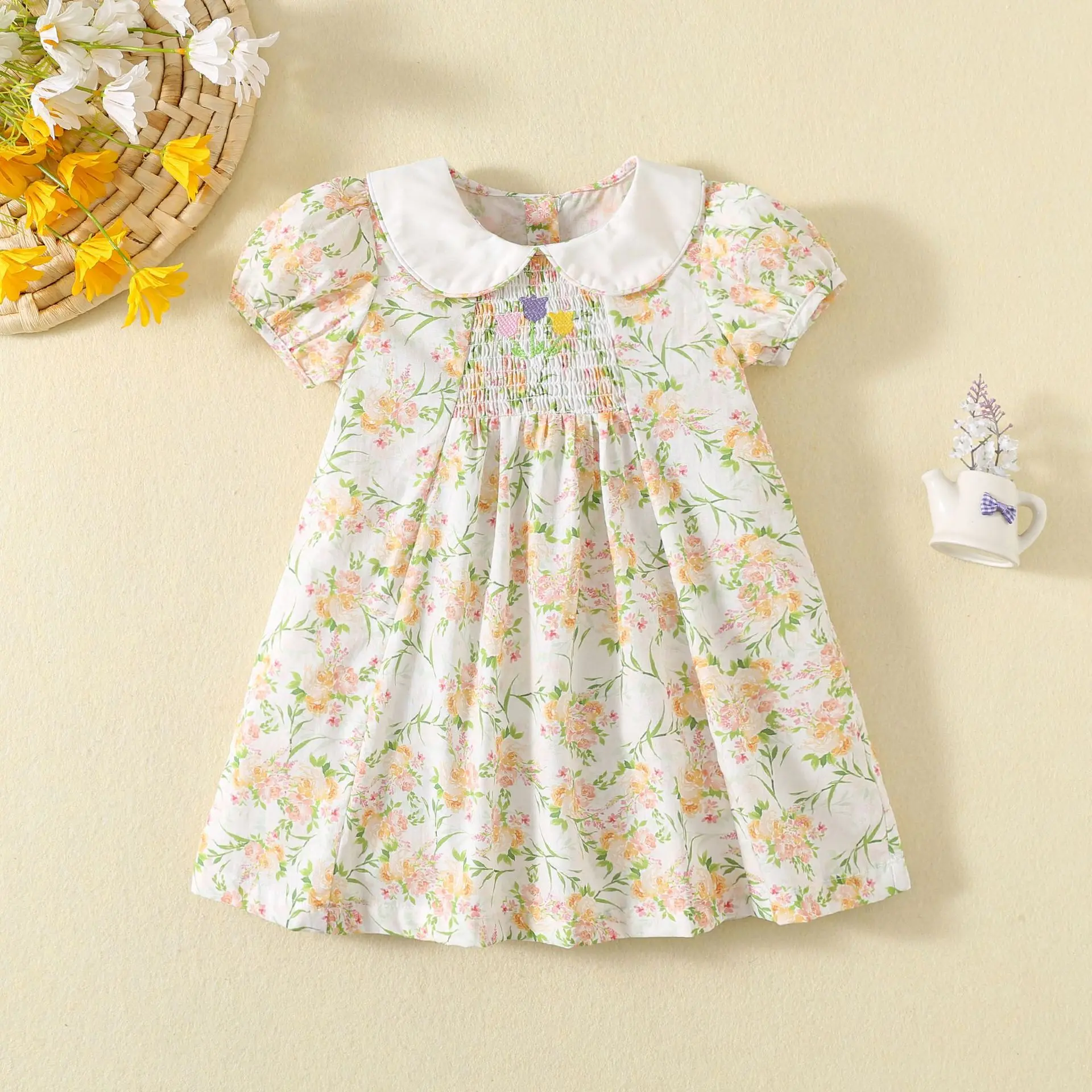 Girls Smocking Dress Puff Short Sleeves Flower Children Party Dress Toddler Girl Summer Clothes