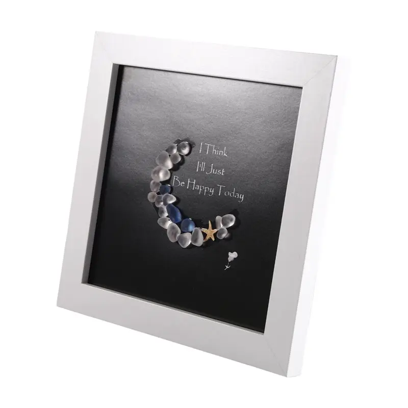 DTEN-I Think I' Ll Just Be Happy Today. For Mom& Women Handmade Sea Glass Moon Art, Handmade Sea Glass Crescent Moon Wall Decor