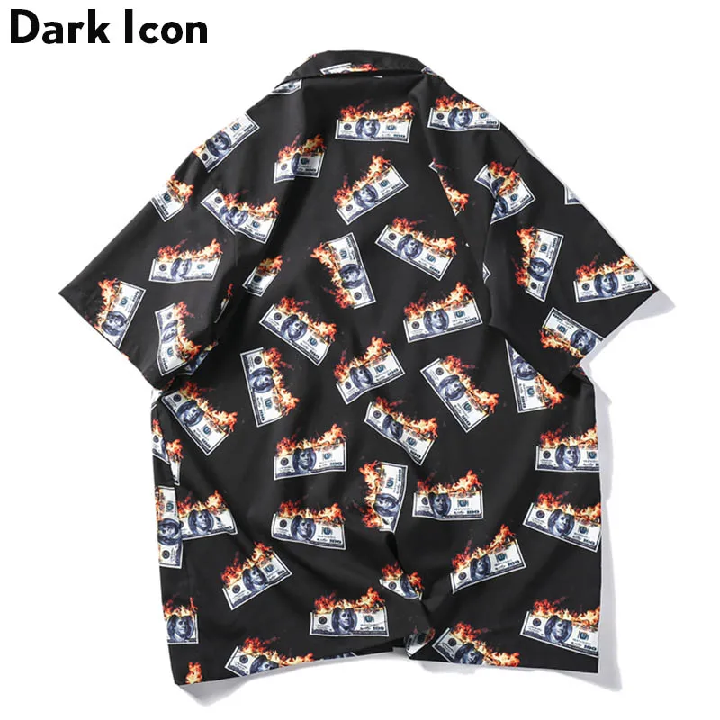 Dark Icon Flame Dollar Button Down Men\'s Shirt Summer Vintage Street Shirts Man Clothes Black