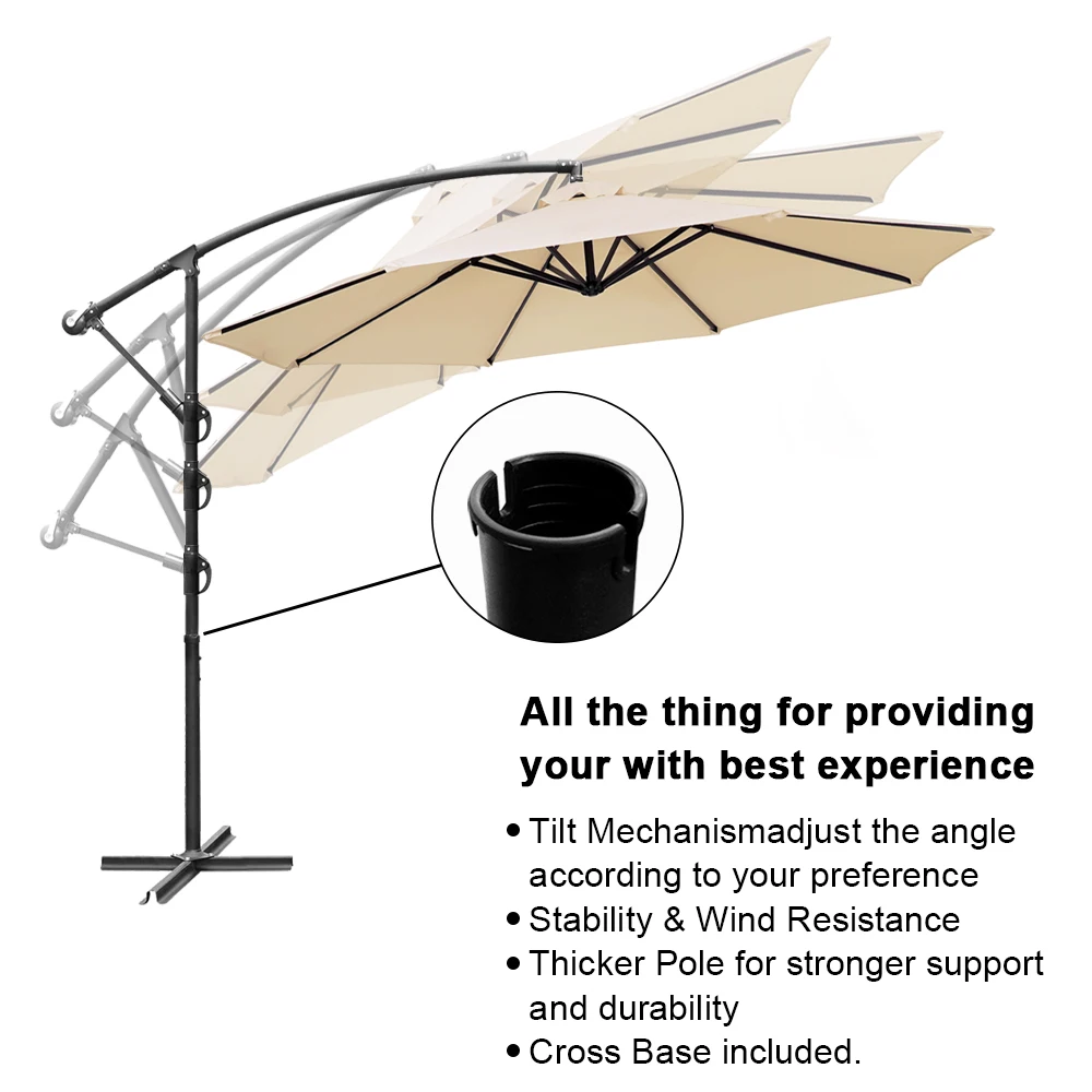 10FT beżowy/niebieski wspornik zewnętrzny parasol na Patio W/korba i krzyż podstawa/kąt pochylenia 8 stalowe żebra poliester [US-Stock]