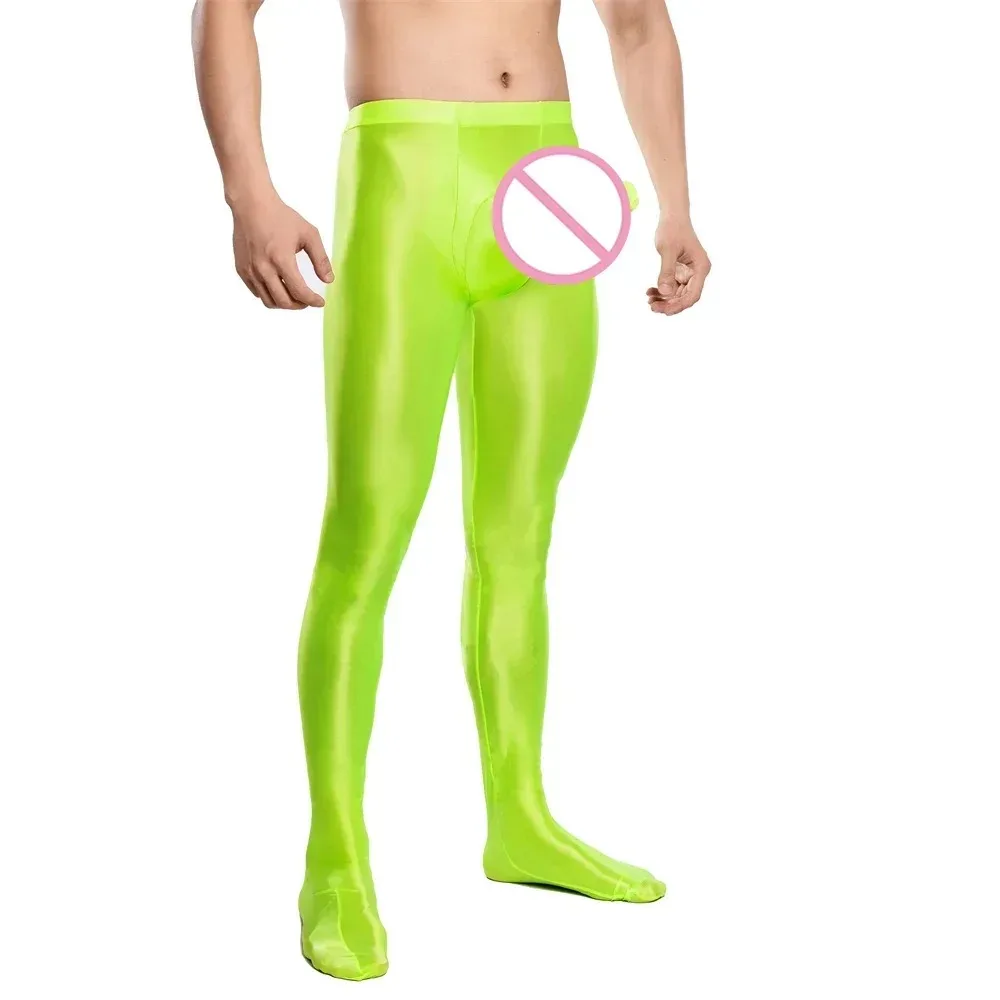 Men's Long Johns Sexy Sheer Glossy Pantyhose Solid Color Oil Smooth Tights Leggings Elastic Home Pants Long Bulge Pouch Trousers