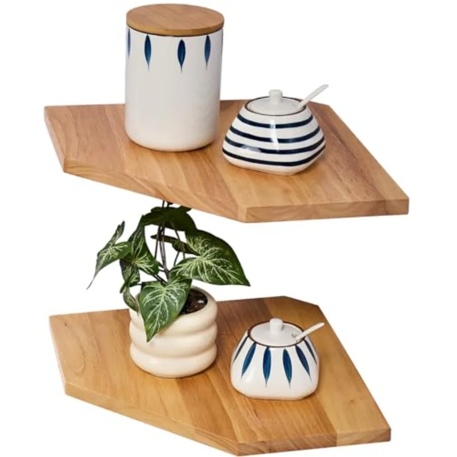 

Corner Wall Shelves, Corner Floating Shelves Set of 2 Solid Oak Wood Display Shelf with Wire Hole Small Plant for Kitchen Livin