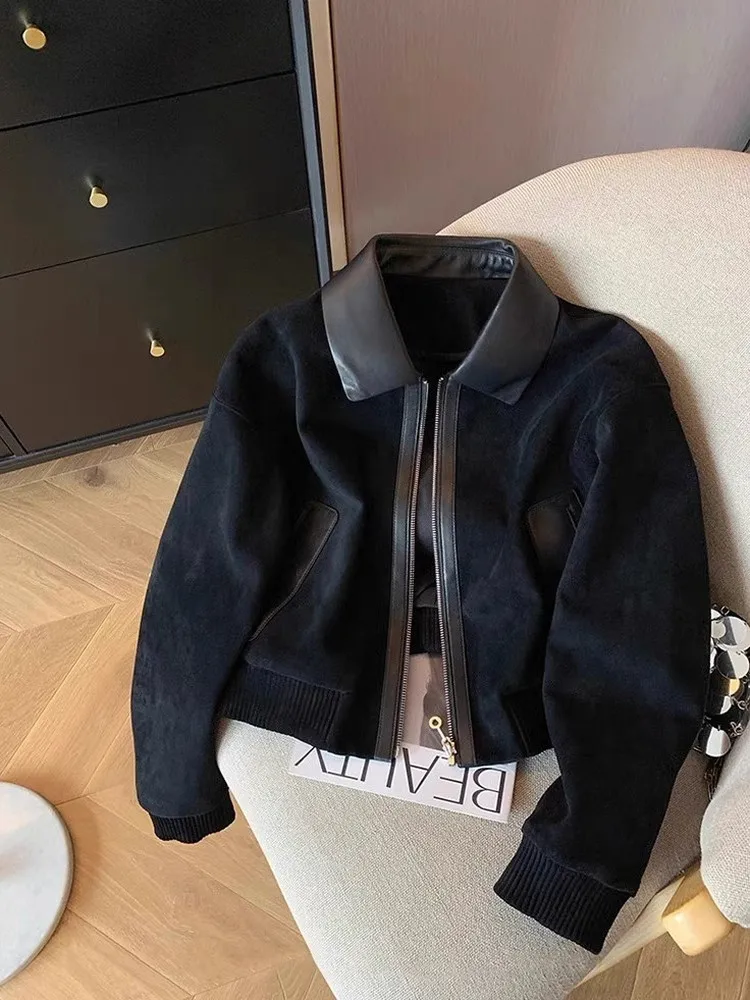 

Retro Black Spliced Leather Collar Jacket Women's Short Suede Velvet Slimming Top Premium Quality Fall 2025 New Arrival