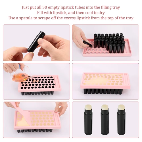 Imagen 2 del producto 50 Uds. Tubos de lápiz labial vacíos de plástico 5g tubo de bálsamo labial giratorio DIY Chapstick casero Perfume sólido con bandeja de relleno espátula