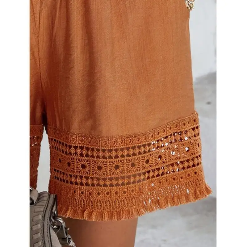 Women's n Pure Color Lace Hollow out Tassel ket orts Cross-Border New Sle Casual Pants Mid-Low Waist PVC Material
