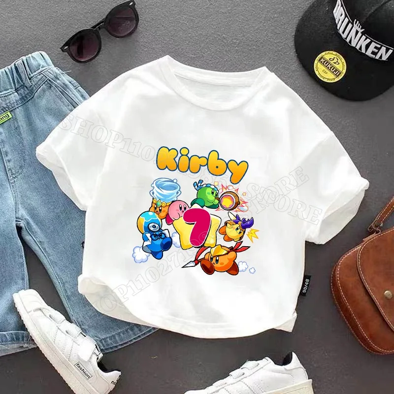 Kirbys Unisex T-shirts Birthday Party T-shirt Summer Clothes Cartoon Anime Pattern Numbers 1-9 Printed Short Sleeve Party Gifts