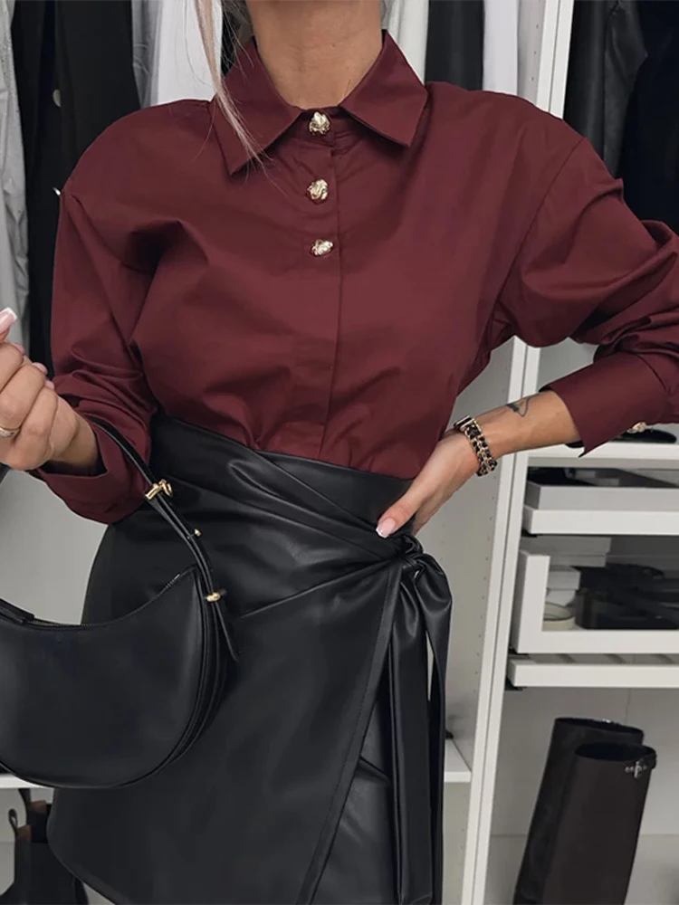 Burgundy Lapel Women's Shirts Long Sleeve Metal Buttons Female Blouses 2025 Spring Fashion New All Match Office Lady Tops