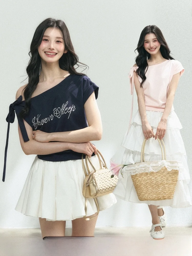 

ELEVEN SP Korean Sle Blue oulder Bared ort Sve T-irt Women Summer Casual Cotton Blend Glitter Design Tie Dye Top