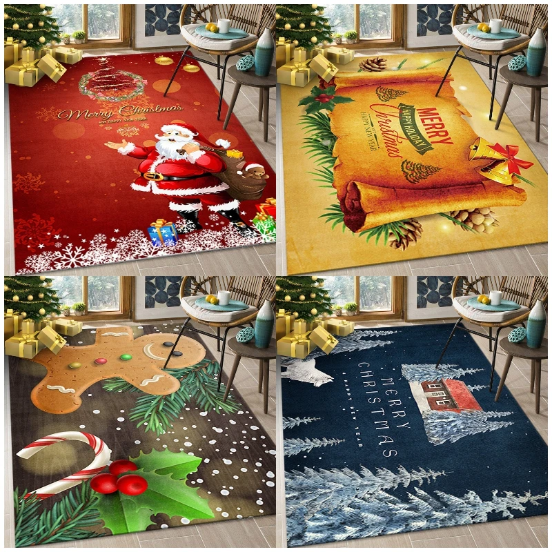 Premium Flannel Christmas Print Non-Slip Rug Soft Washable All-Over Living Room Carpet Holiday Door Mat Festive Home Floor Decor
