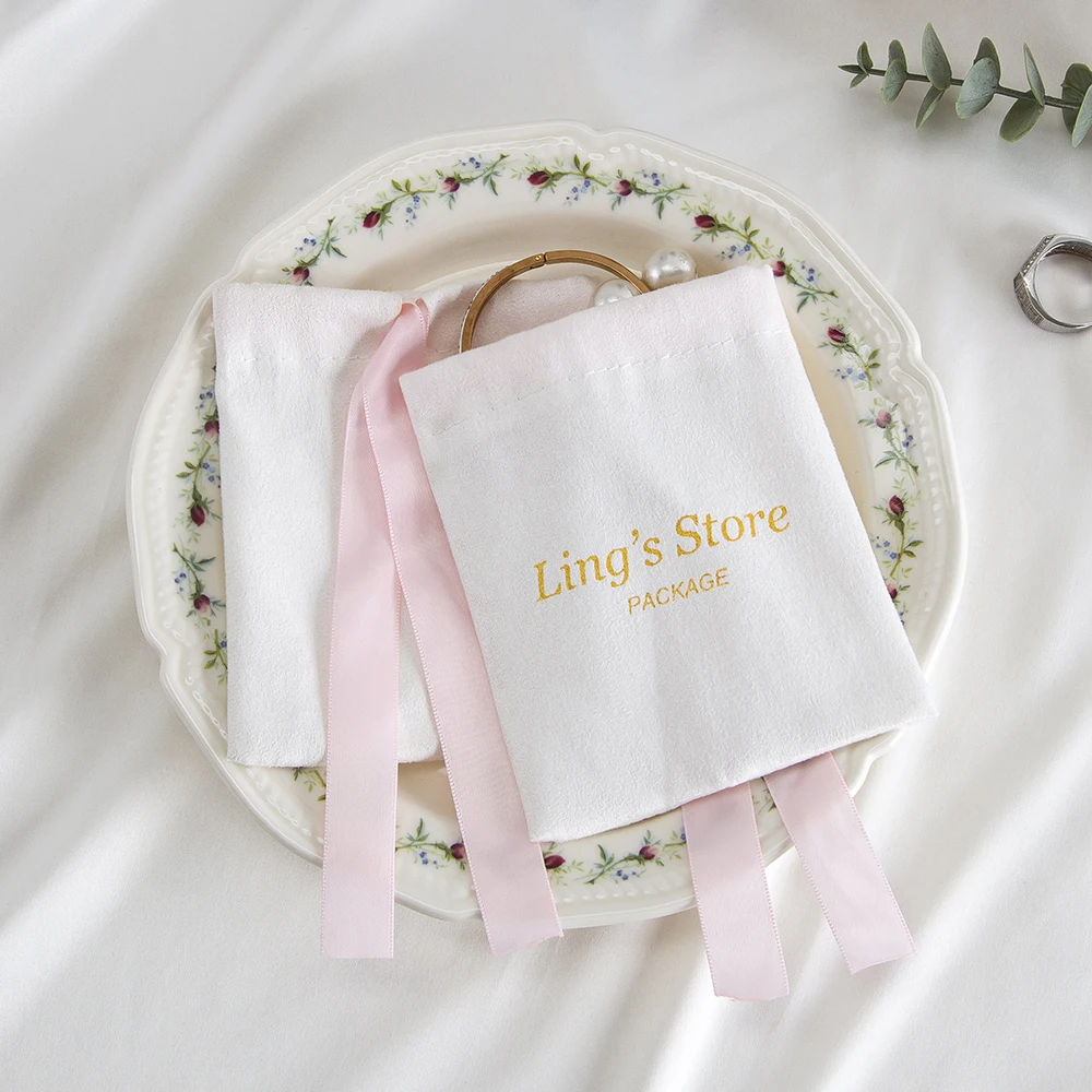 50pcs Custom Logo White Jewelry Flannel Drawstring Bag Back Side with Pink Silk Ribbon Gift Packaging Pouch Wedding Candy Pocket view 2