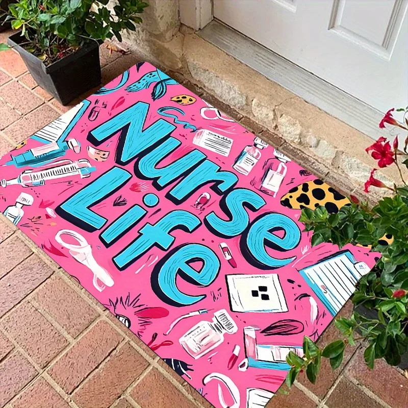 Nurse Life Themed Welcome Doormat, Medical Art Non-Slip Entryway Rug, Soft Decorative Floor Mat for Home and Laundry Room
