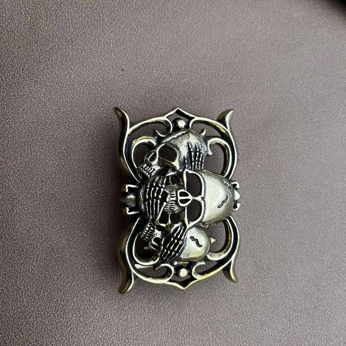 Ancient Style Niche Hip Hop Same Lychee Pattern Pure Copper Belt Retro Badge Metal Personality Skull Distressed