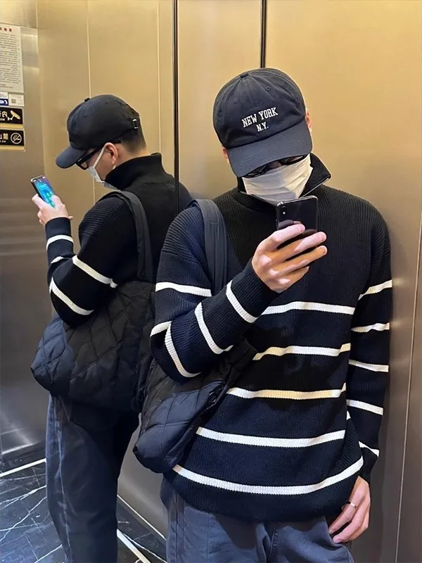 

Large Size 300 Pou College Sle Knitted Sweater Men's Collar Stripe Sweater Women's Autumn Winter Trendy f Zip up Top