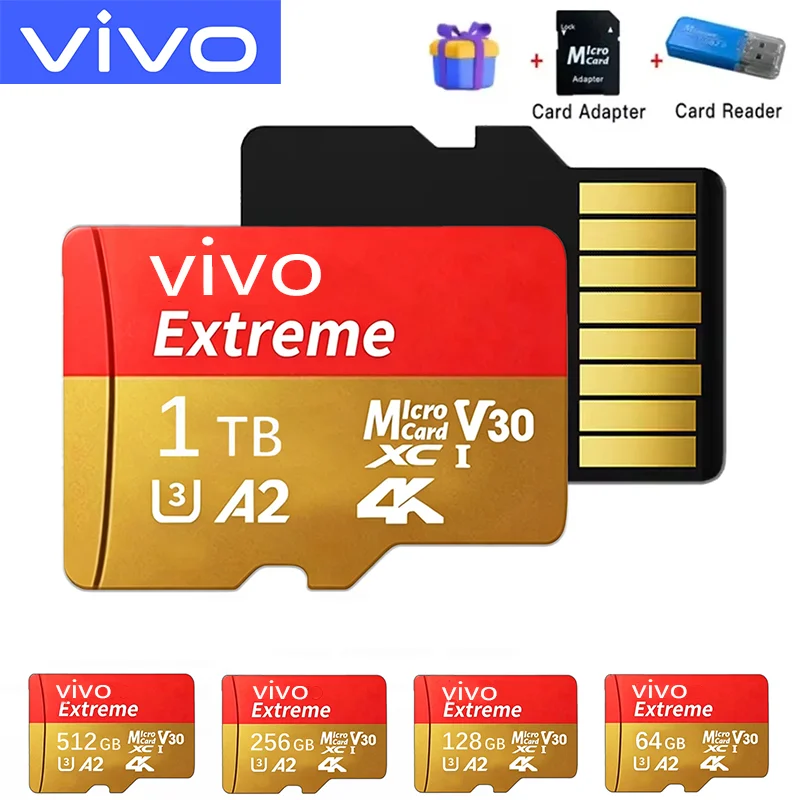 VIVO Memory Card Micro SD Card 2TB 1TB 128GB Card Memory A2 V30 U3 Flash Cards Microsd Compatible For PC Laptop Phone Camera