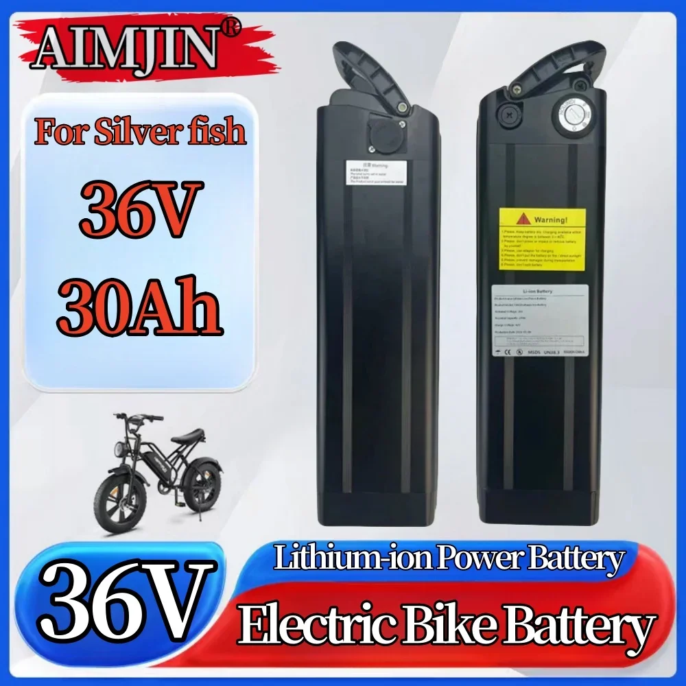 36V 30Ah Silver Fish Electric Bike Battery Lithium Battery with Aluminum Case Anti-theft Lock Battery for 250W 350W 500W 750W