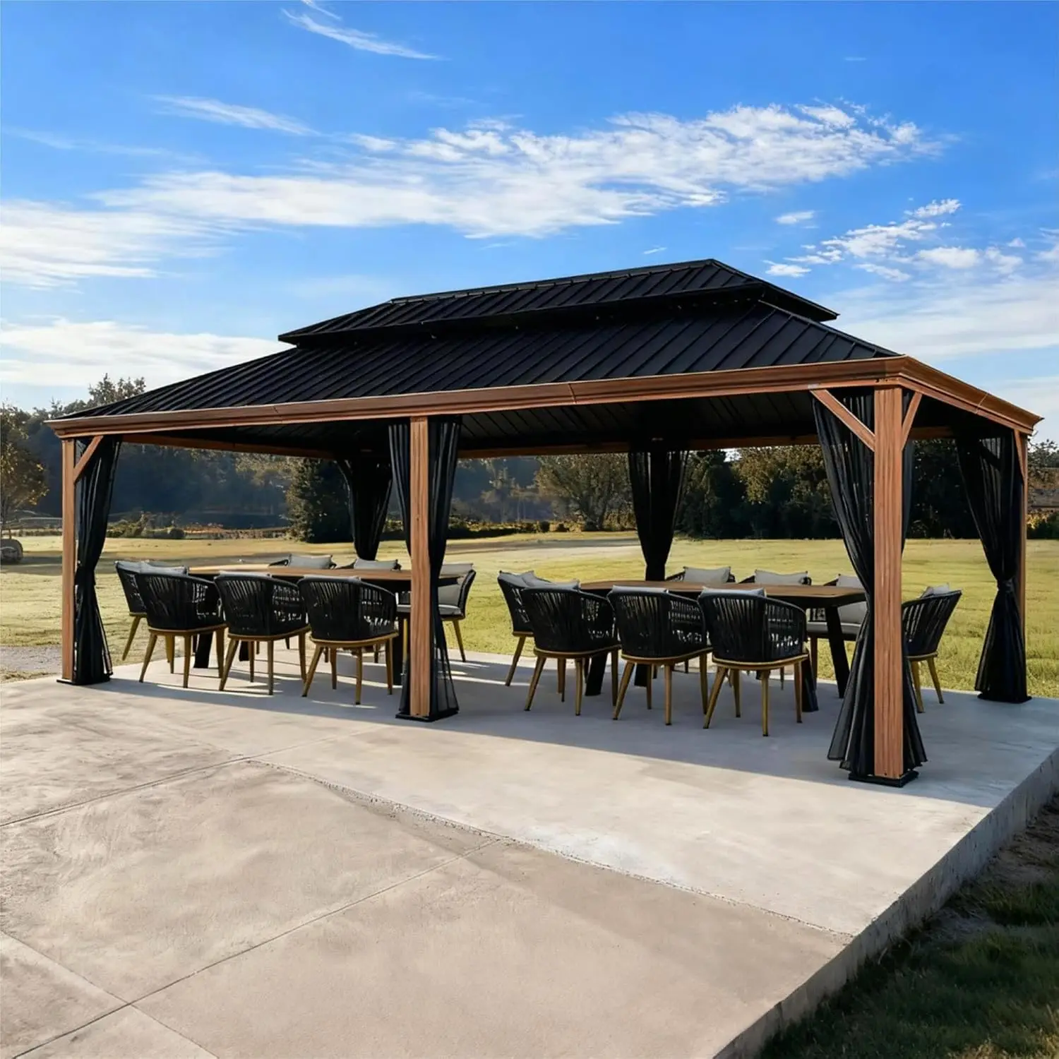 14' X 24' Outdoor Hardtop Gazebo for Patio Galvanized Steel Double Roof Permanent Canopy Teak Finish Coated Aluminum Frame Pavil