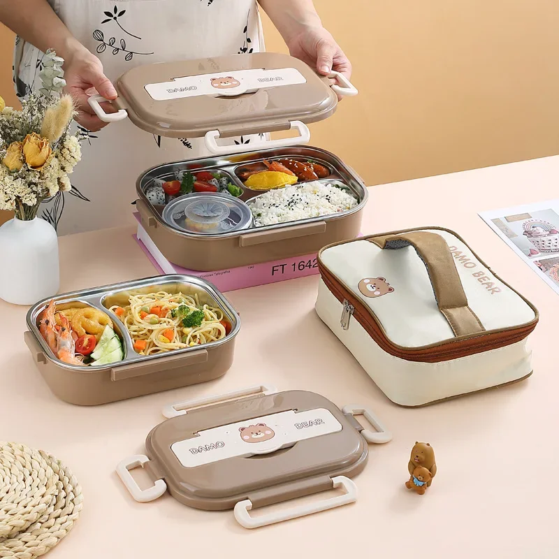 

304 Stainless Steel Insulated Divided Lunch Box Student Divided Sealed Lunch Box with Lid Four Compartments