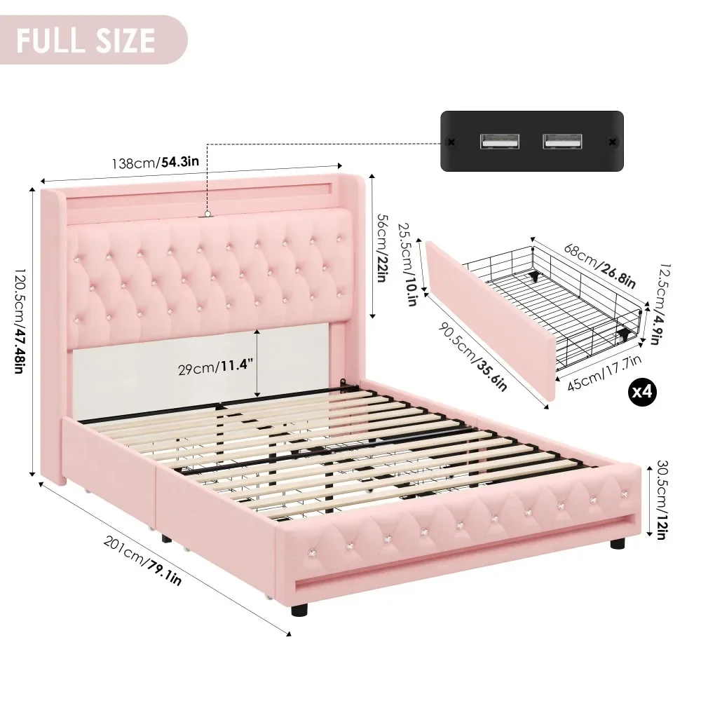 Full Size LED Bed Frame with Outlets and USB Ports,4 Storage Drawers Crystal Button Tufted Velvet Upholstered Platform Bed Frame