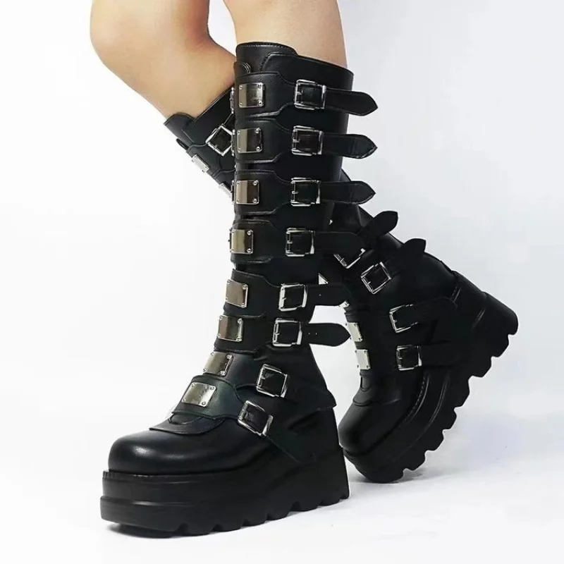 

Round Toe Mid-Heel Boots(3-5cm)WinterPUFashion Boots Mid-Calf Boots with Straps