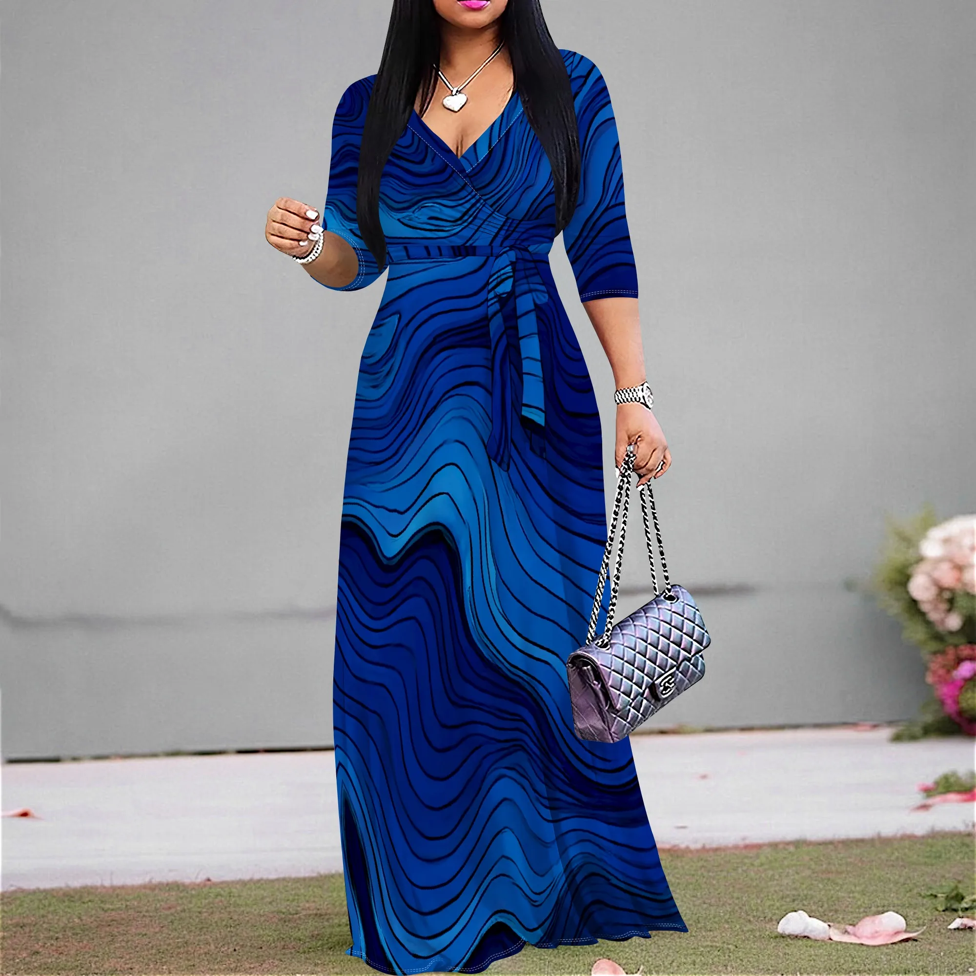 

Blue Wave Print Wrap Maxi Dress S-3XL V-Neck Belted Style for Summer Vacation, Beach Wedding or Art Festival Look