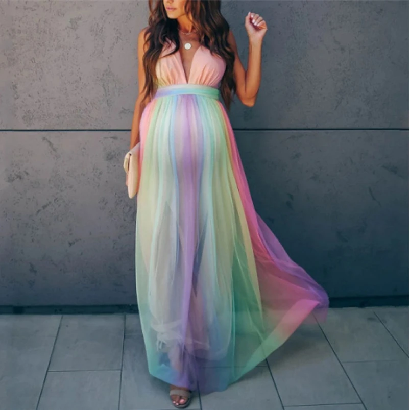 

Sexy Maternity Dresses Photography Long Pregnancy Photo Shoot Prop For Baby Showers Party Rainbow Tulle Pregnant Women Maxi Gown