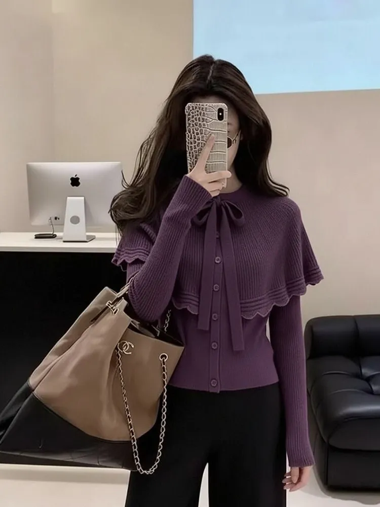 

Korean Sle Lazy High-End Purple Cowl Ne Knitted Cardigan with Bow Tie Women's Autumn Winter Sweater Soft Polyester Fiber