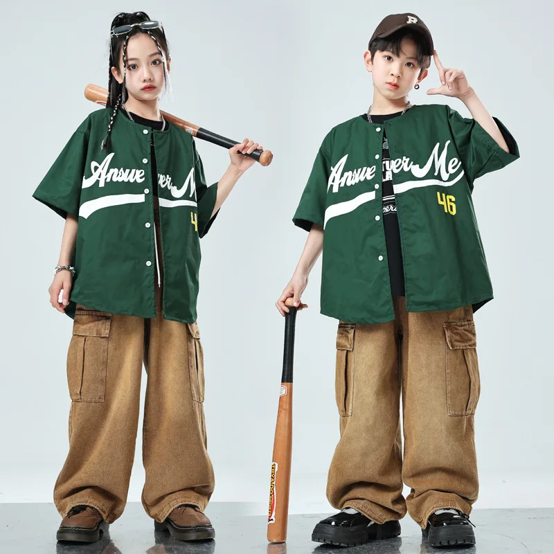 Adult Hip Hop Girls Clothing Green Letter Shirt Street Dance Brown Cargo Pants for Kids Boys Performance Clothes Jazz Costume