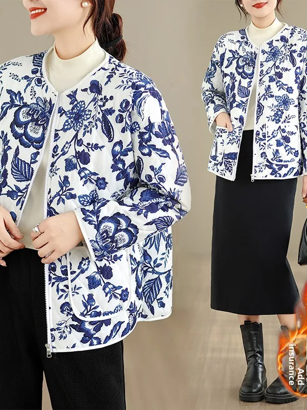 

Thiened Floral Print Cotton Jaet Women's Winter Casual Sle Artistic Color Blo Large Size Inner Wear Coat