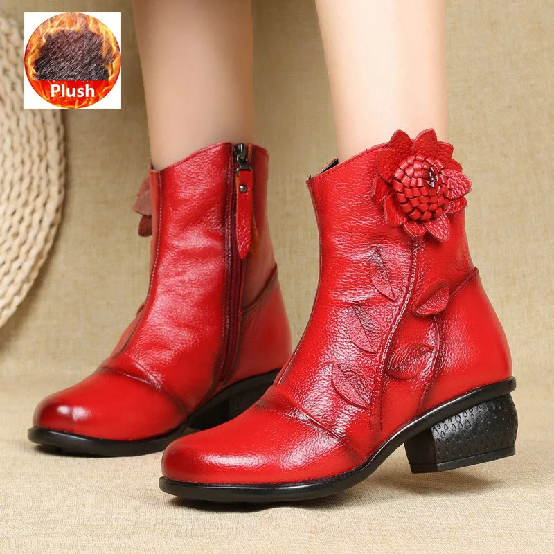 Genuine Leather Boots Woman Winter 2025 Round Toe Ankle Boot Female Low Heel Shoe Woman Short Booties Black Red