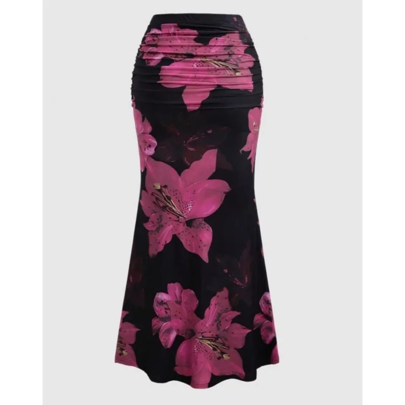 Falda plisada acampanada para mujer, faldas ceñidas fruncidas elegantes con estampado de flores Vintage, falda larga para vacaciones y ocio para primavera y otoño 2025