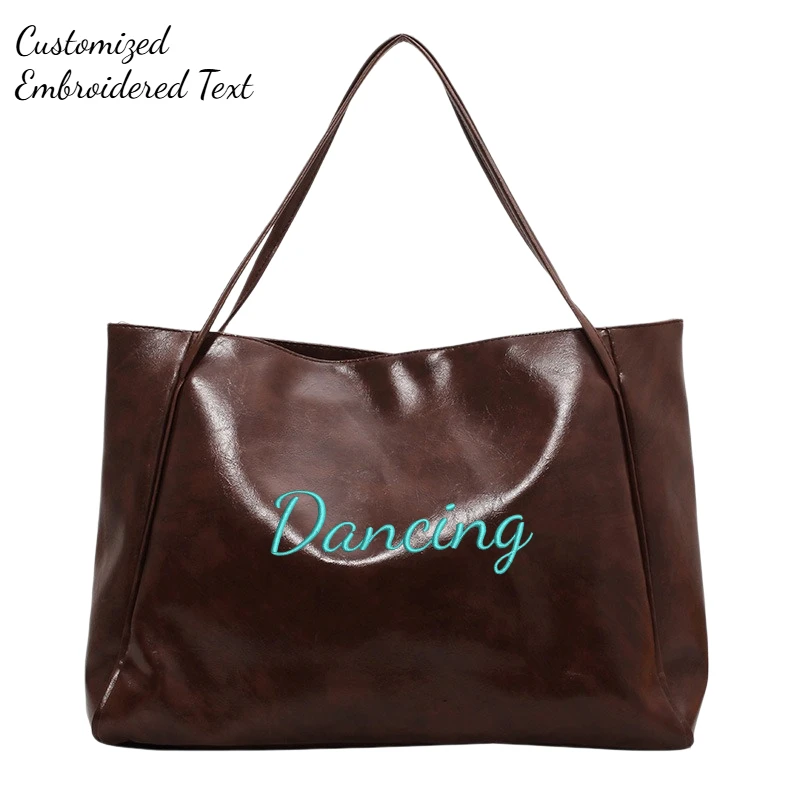 Personalized Name Embroidery Women's Large Tote Bag Brown Faux Leather Shoulder Handbag Vintage Soft Casual Bag for Work Travel
