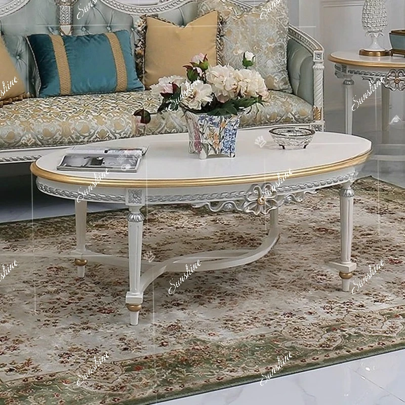 French solid wood pink oval coffee table luxury villa living room palace carving customization