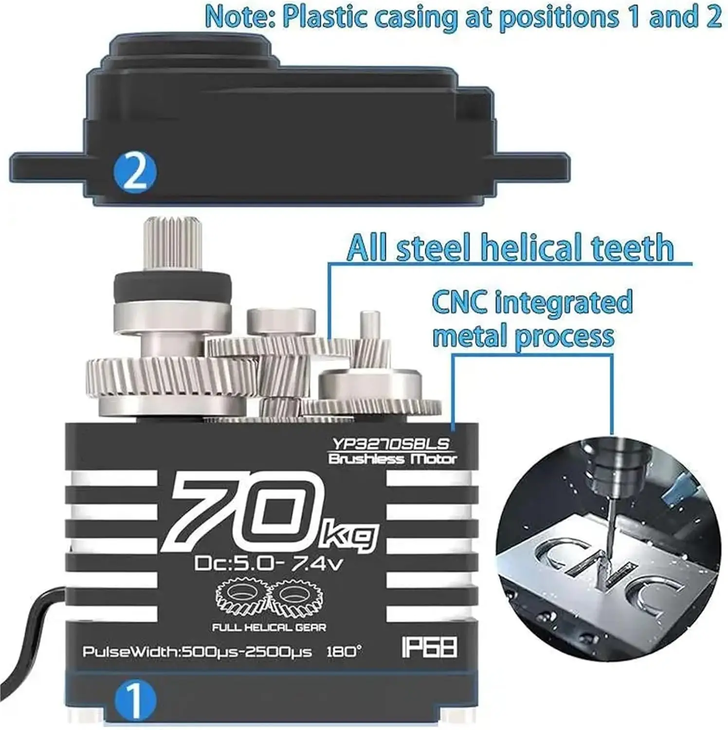 70kg Brushless Servo Waterproof IP68 Servo Large Torque Magnetic Induct 8.4v Steel Helical Gear Remote Cars Accessories1/8 1/10