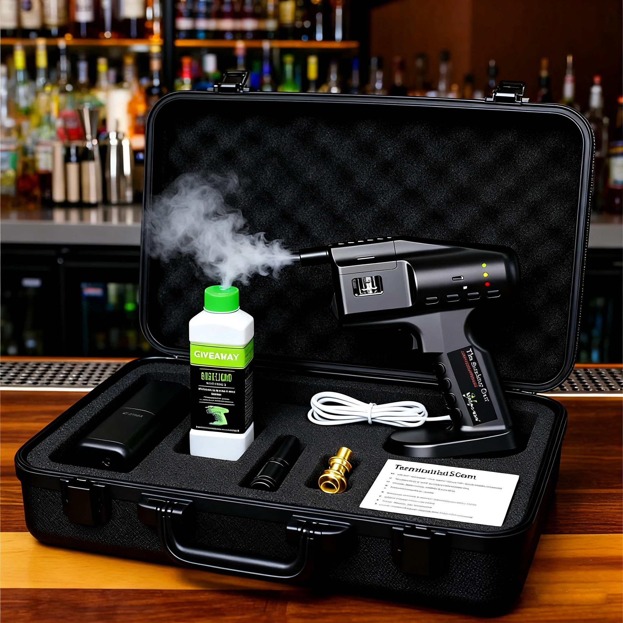 Pistola portátil de bolhas de fumaça para coquetéis. Cria fumaça de aroma e bolhas comestíveis. Inclui 5 cápsulas de sabor. Perfeito para decoração de bebidas
