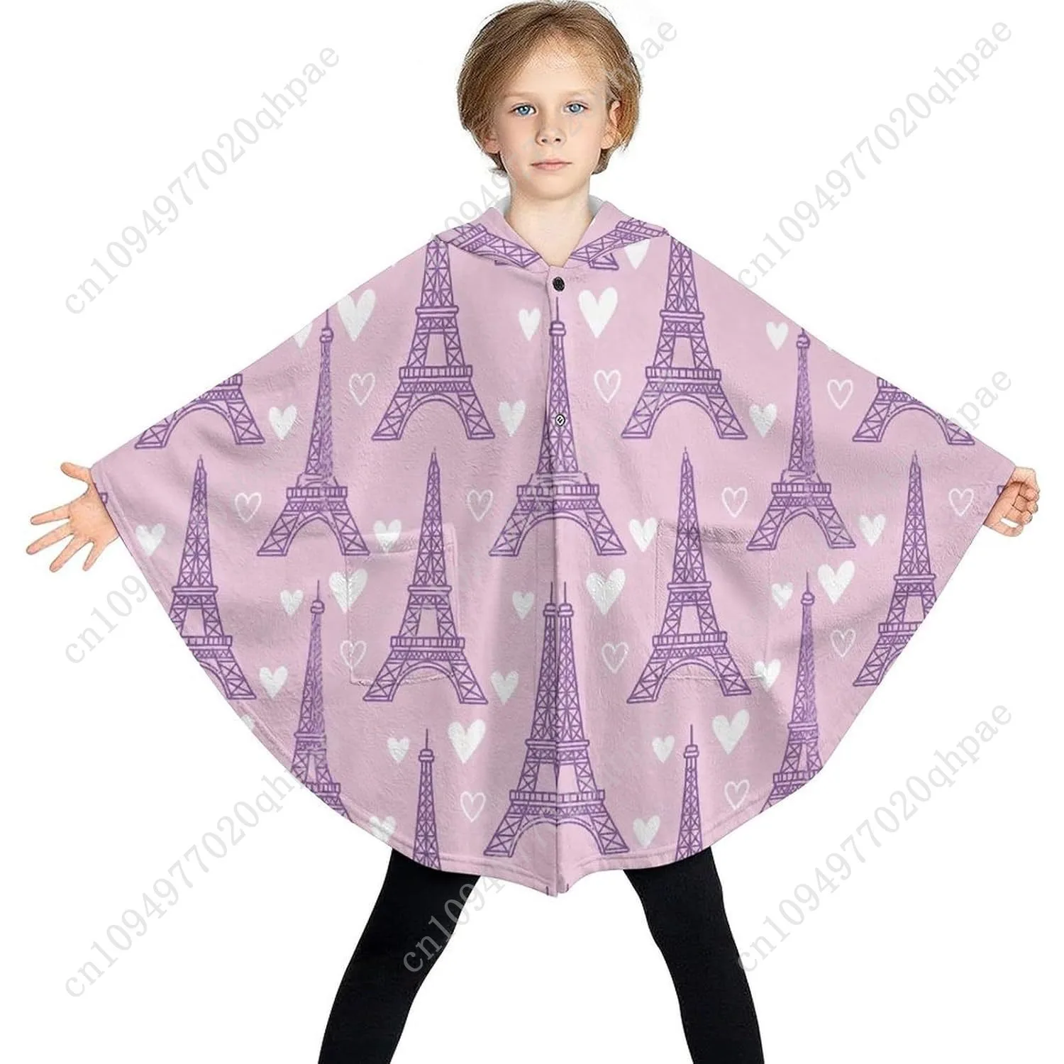 سترة بطانية مريحة من الفلانيل، هوديي كبير الحجم بنمط قلوب برج ايفل مع جيوب للأطفال والمراهقين #3