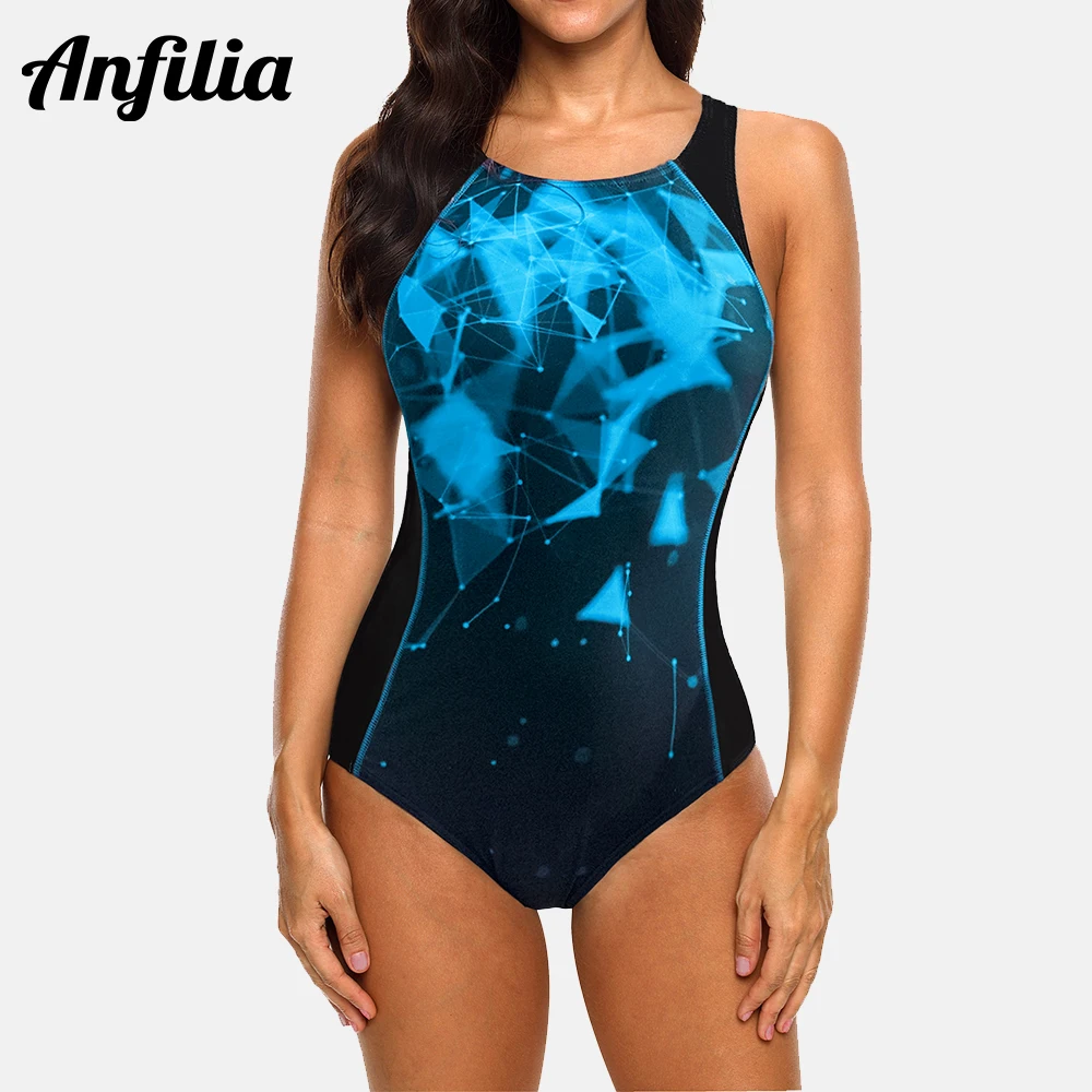 

Anfilia One Piece Women Sports Swimwear Backless Triangle Conservative Print Swimsuit Patchwork Beach Wear Bathing Suit