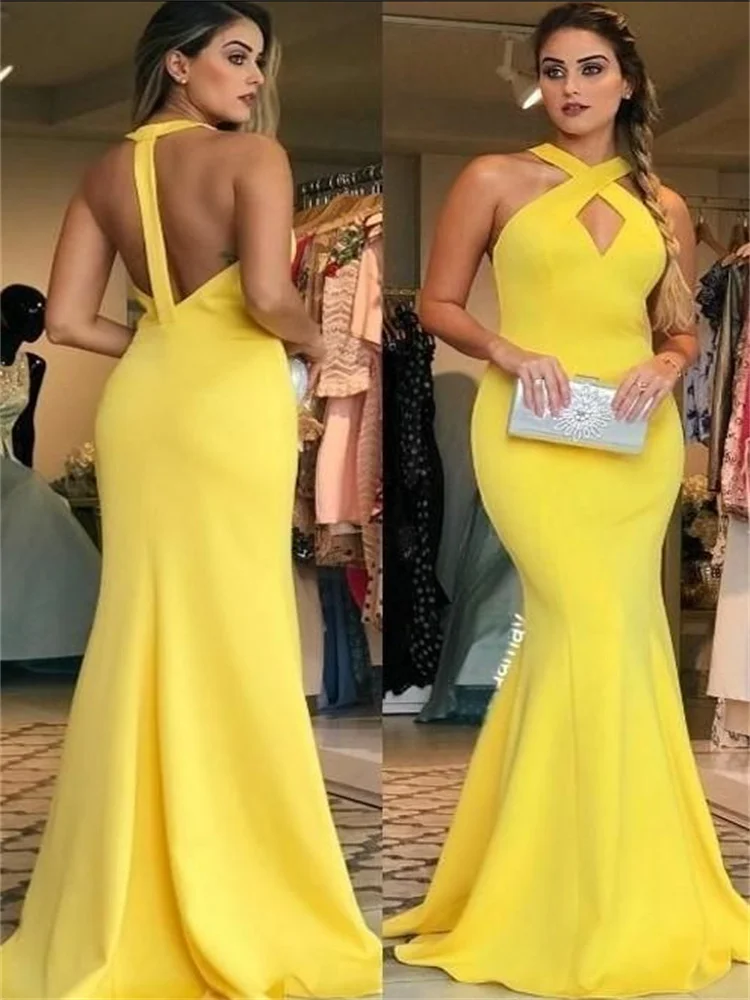 Robe de soirée en Satin jaune pour femmes, tenue de bal en soie élastique, col licou, nouveau Style