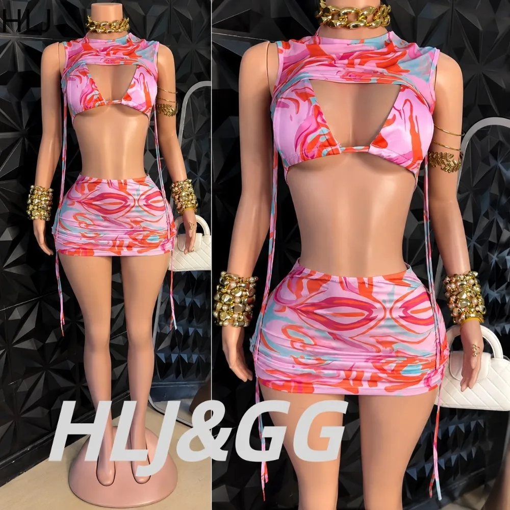 HLJ Women Abstract Marble Print 3 Piece Sets Sleeveless Cutout Crop Top +underpants and Drawstring Skirt Party Clubwear Outfits
