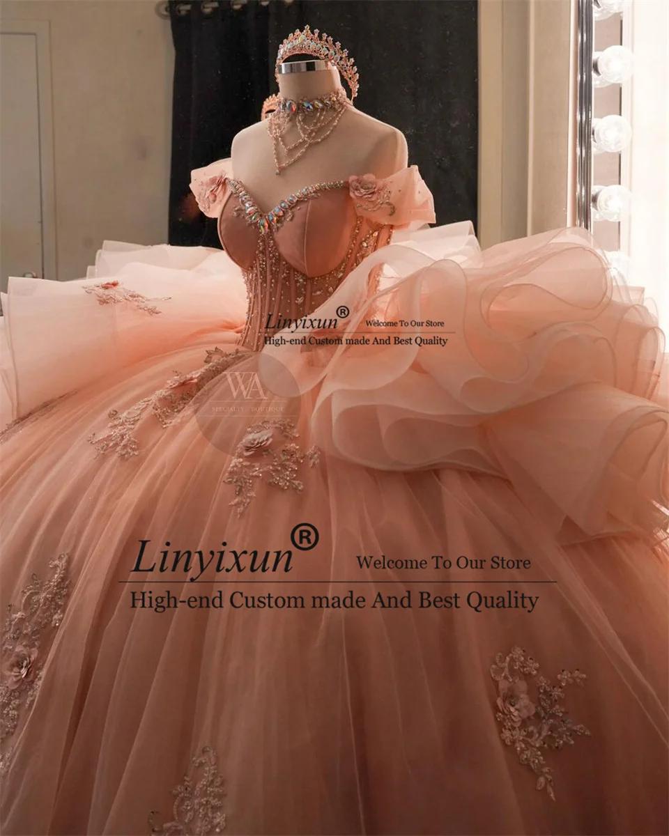 Sweet Pink Princess Ball Gown Quinceanera Dresses 2024 Beaded Lace Flower Appliques Crystals Luxury 15 Dress Vestidos De 16 Años