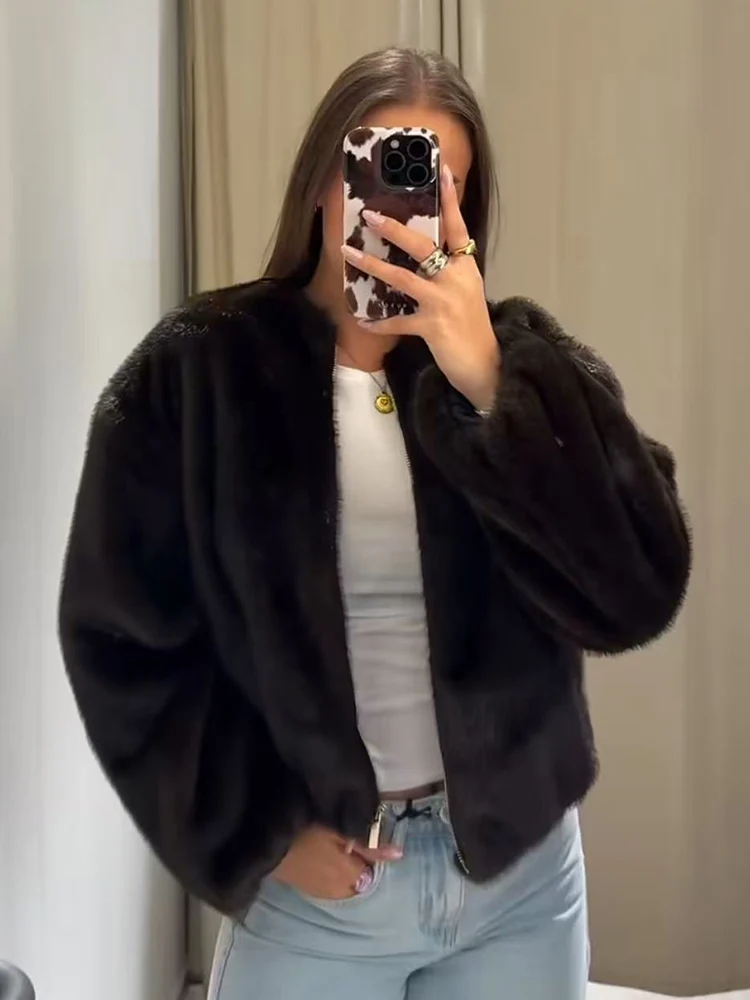 

TFMLN Women O-neck Faux Fur Bomber Jacket 2025 New Vintage Solid Long Sleeve Outerwears Warm Winter Coats Woman Casual Jacket