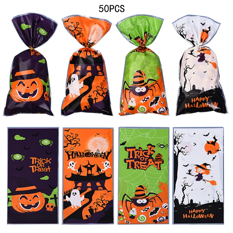 50 szt. Torebka na nowe cukierki Halloween torby na prezent na Halloween z dyni plastikowe torby do pakowania impreza z okazji Halloween materiały dekoracyjne prezent